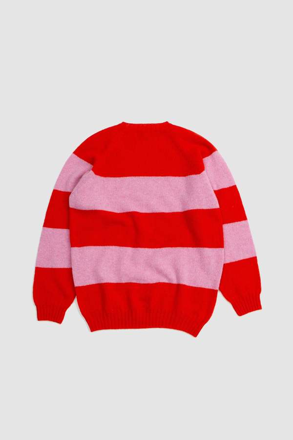 Harley of Scotland Block Stripe Crew Neck Sweater - Scarlet/Ballerina