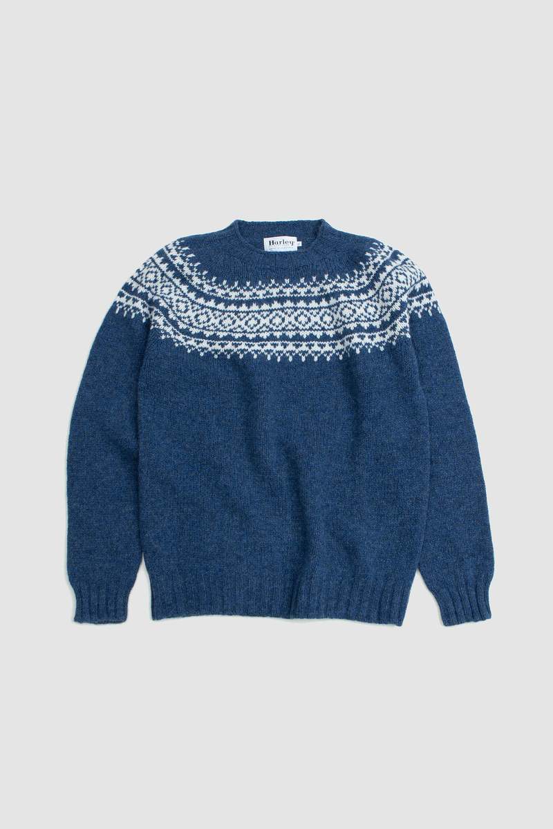 Harley of Scotland Yoke Crew Neck Sweater - Denim/Winter White