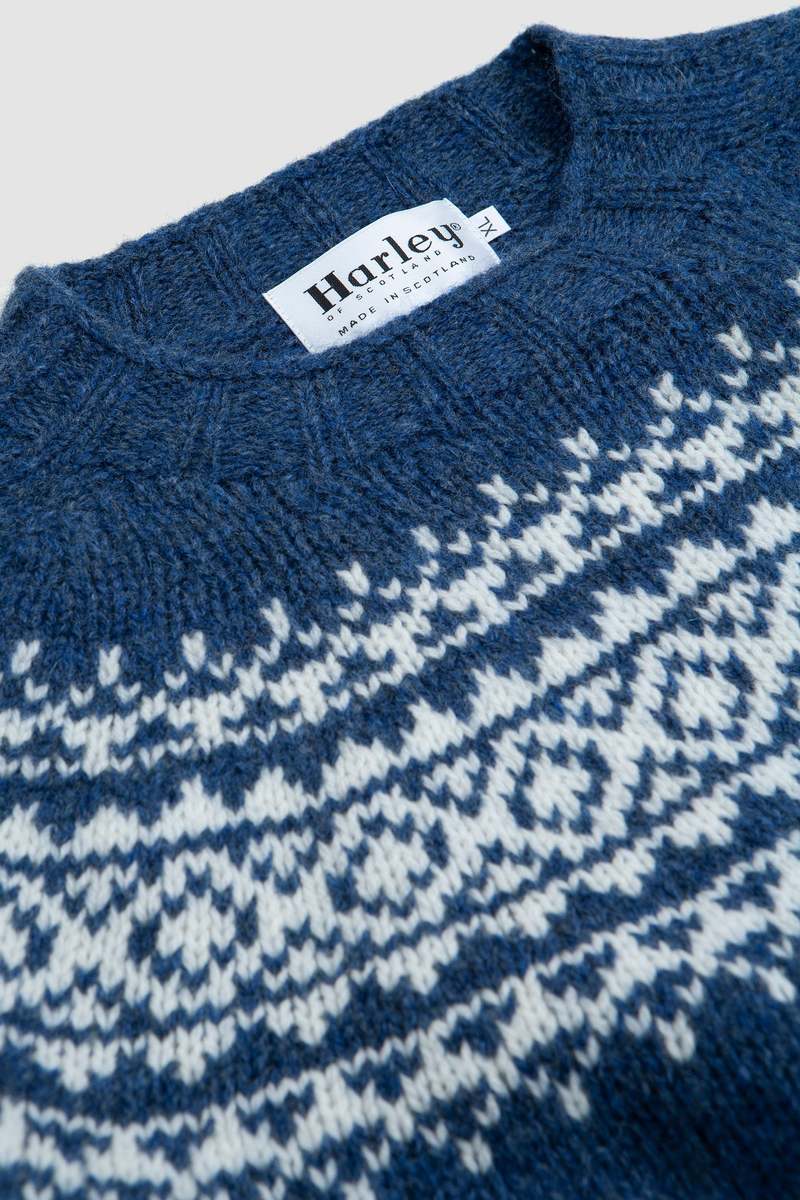 Harley of Scotland Yoke Crew Neck Sweater - Denim/Winter White