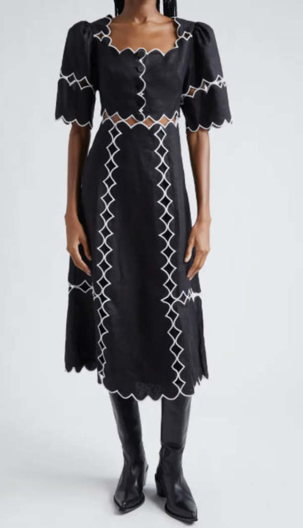 knee length dresses for ladies Black And White Embroidered Toucan Euroflax™ Premium Linen Sleeveless Maxi  Dress main image 0