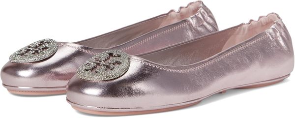 Tory Burch Minnie Crinkle Leather Ballet Flats w/Pave Logo