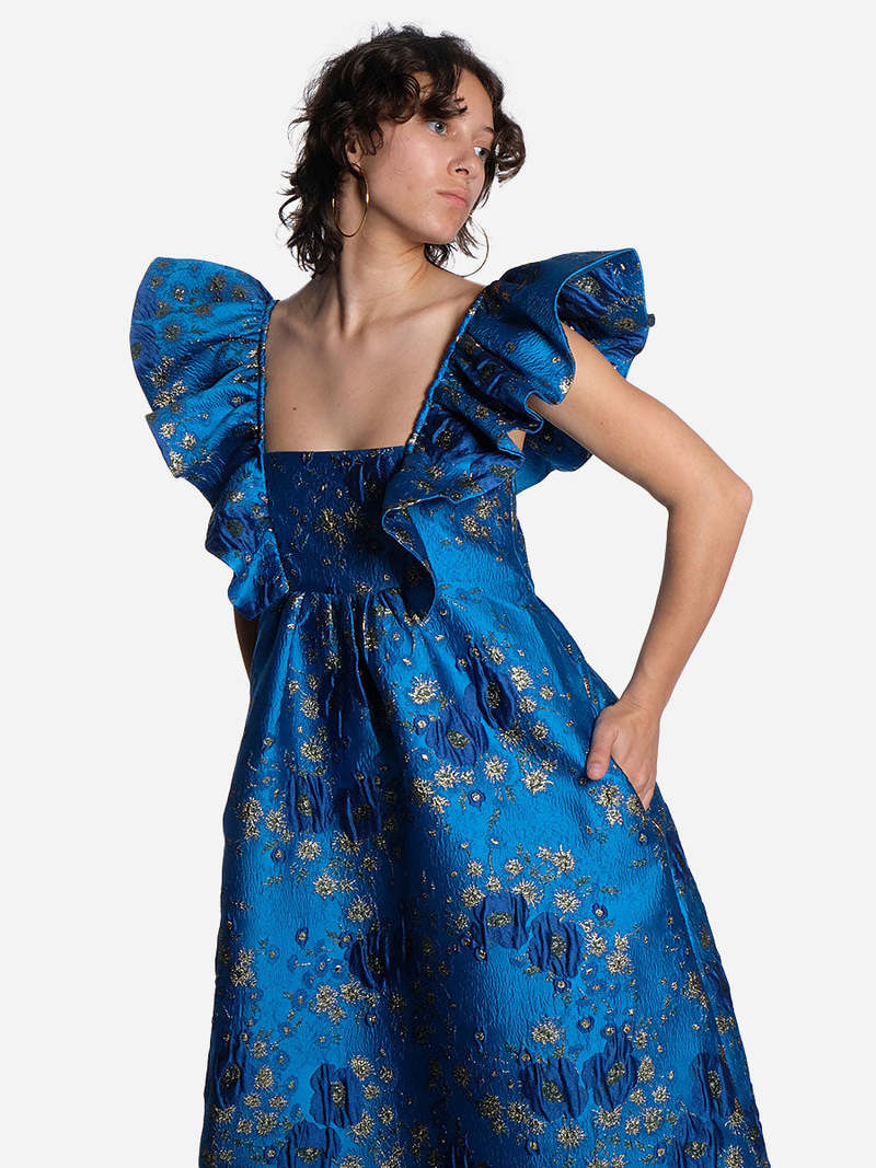 3d jacquard ruffle midi dress Ganni 3d Jacquard Ruffle Midi Dress Brilliant Blue 32