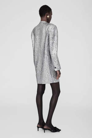 anine bing sequin dress Anine Bing Womens Angie Squined Long Sleeves Cocktail Dress Silver XS