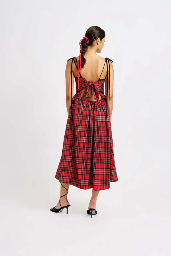 what to wear with little black dress Red Plaid Dress with Black Leather Jacket