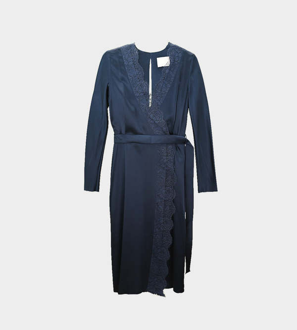Dion Lee Silk Satin Lace Trim Longsleeve Dress - Navy | Garmentory
