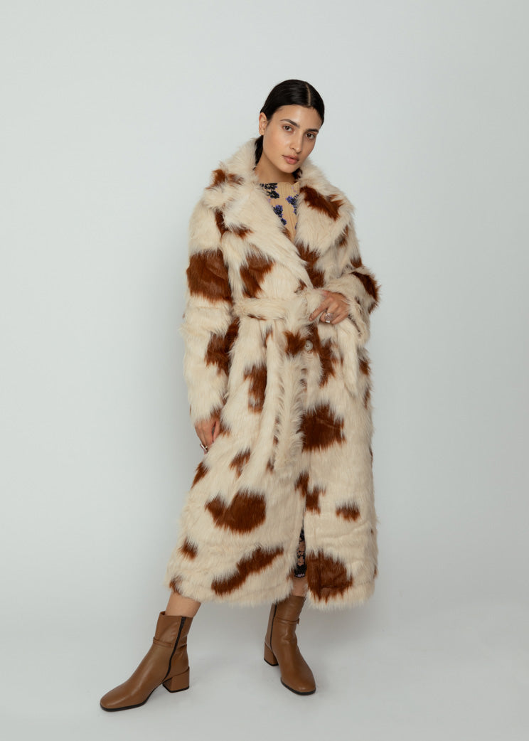 OOFWear Cow Print Eco Fur Long Coat - Natural/Brown | Garmentory