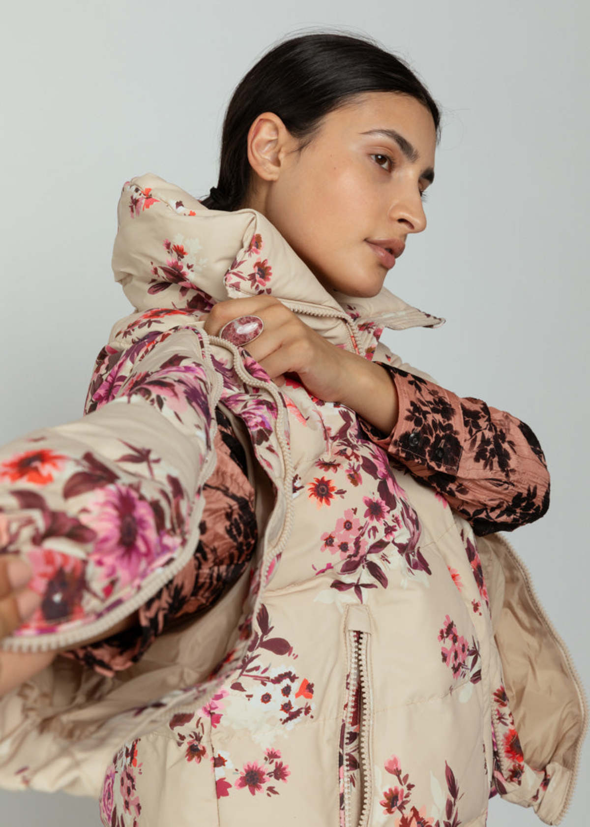 OOFWear Floral Print Nylon Short Jacket - Sand/Pink | Garmentory