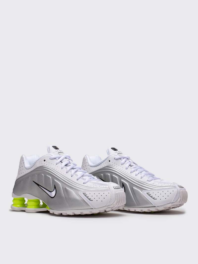 Nike Shox R4 Shoes - White/White-Metallic Silver-Volt