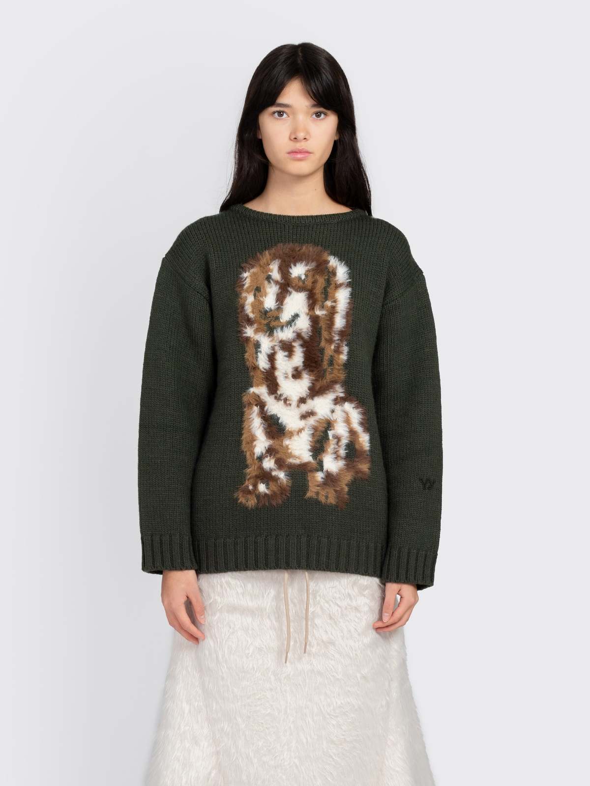 Open YY Shaggy Jacquard Dog Sweater - Khaki | Garmentory