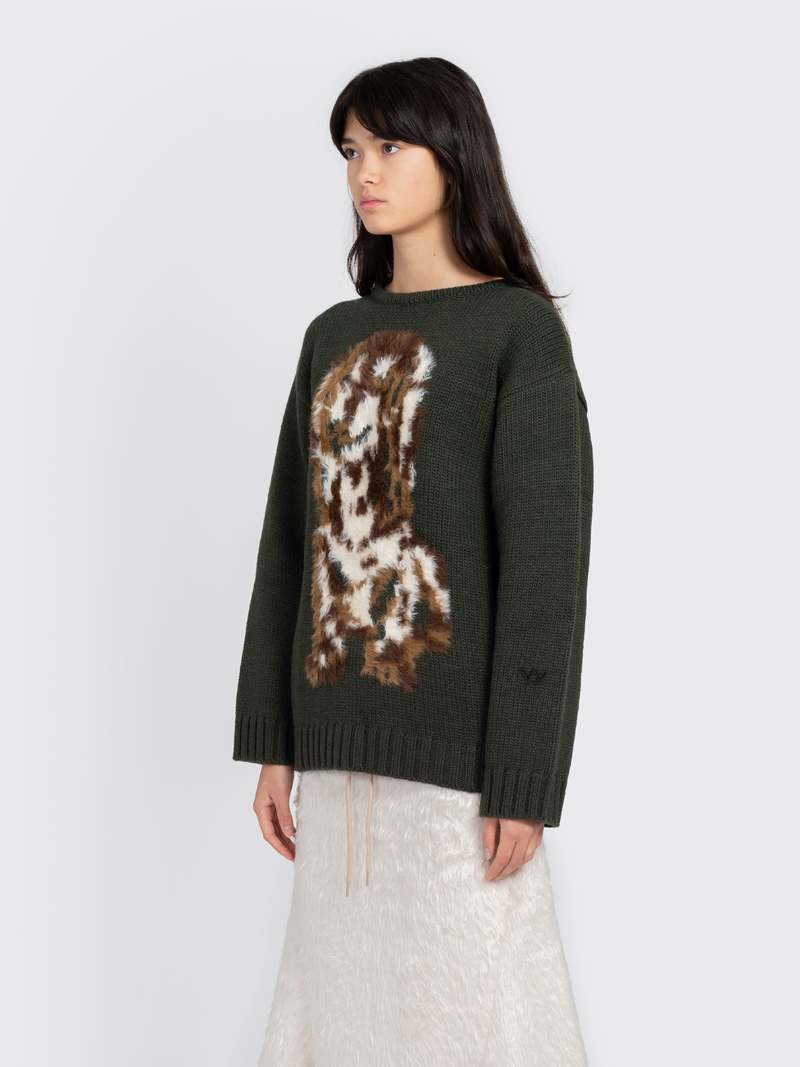 Open YY Shaggy Jacquard Dog Sweater - Khaki | Garmentory