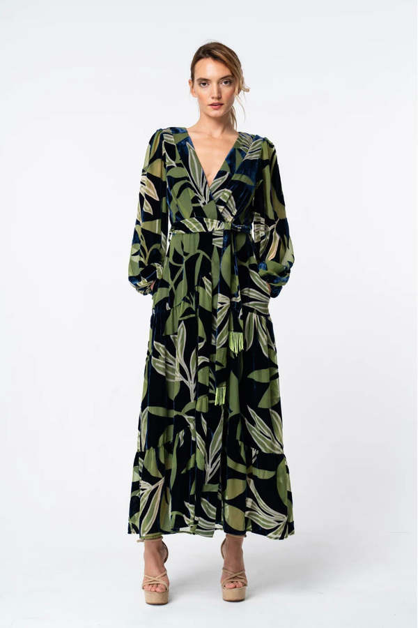 Ciebon Lilian Velvet Burnout Maxi Wrap Dress - Green/Navy | Garmentory Ciebon Lilian Velvet Burnout Maxi Wrap Dress - Green/Navy | Garmentory