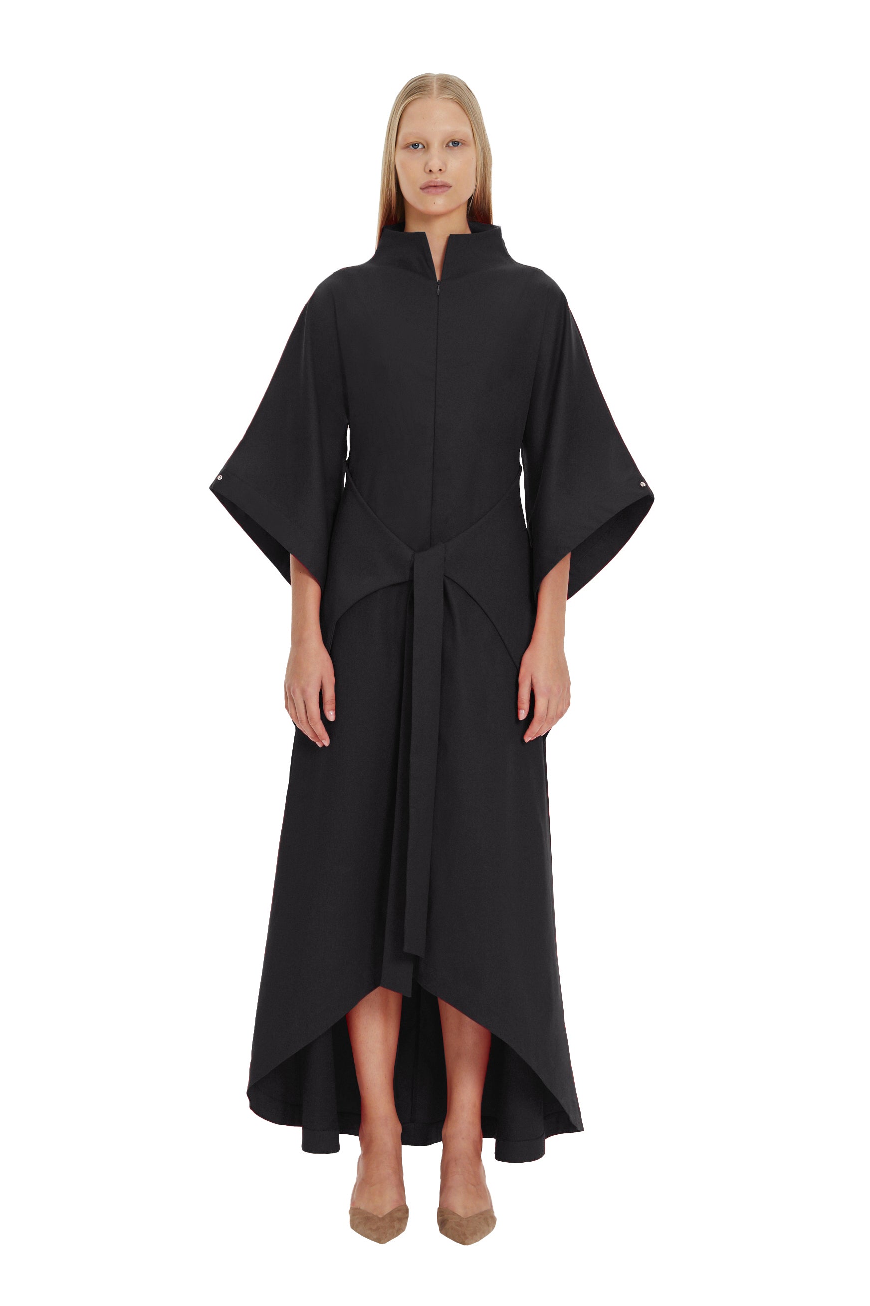 MONOSUIT Kimono Sleeve High Neck Asymmetrical Belted Futuristic Maxi Dress  - Black