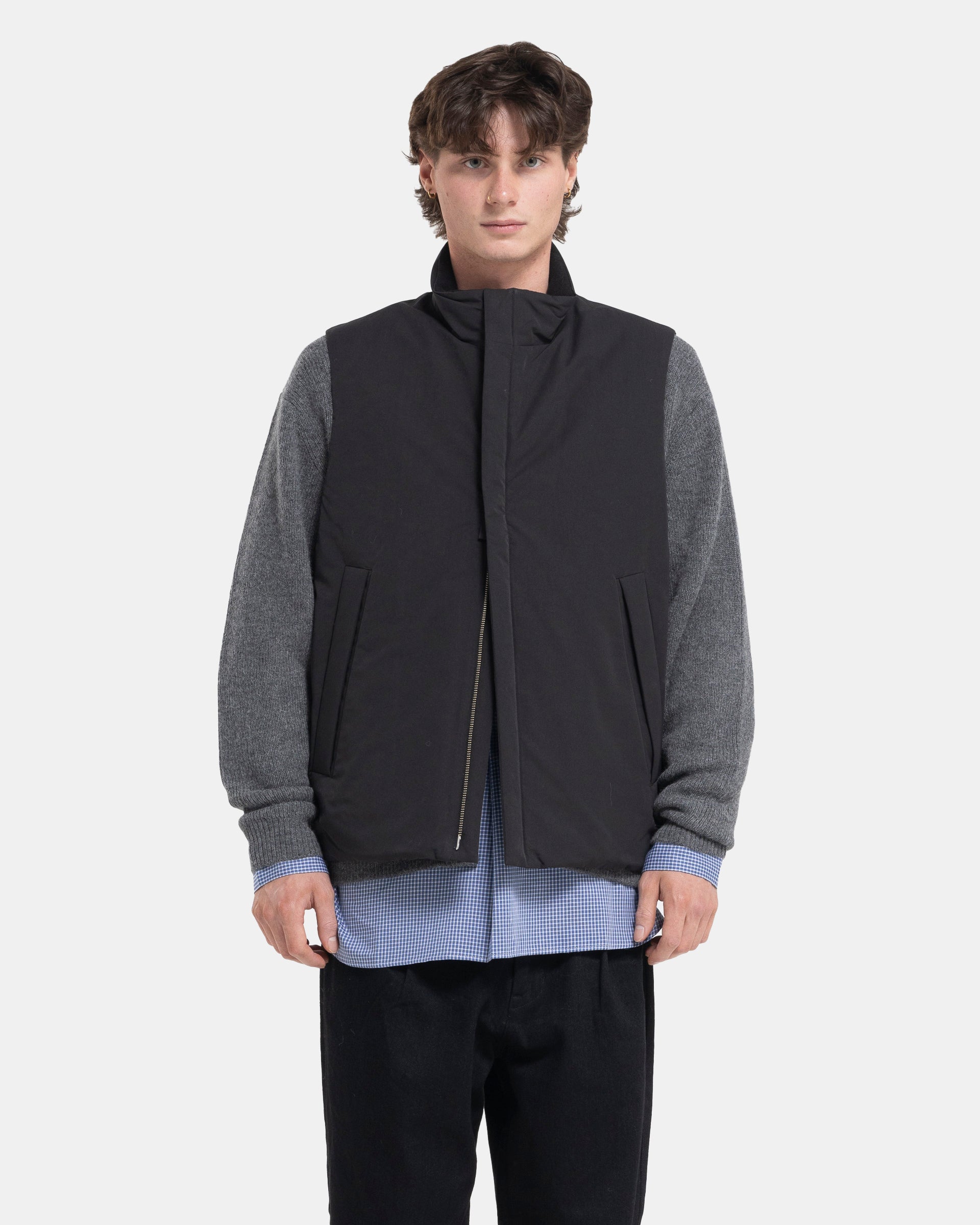 Still By Hand Stand Collar Padded Vest - Ink Black | Garmentory