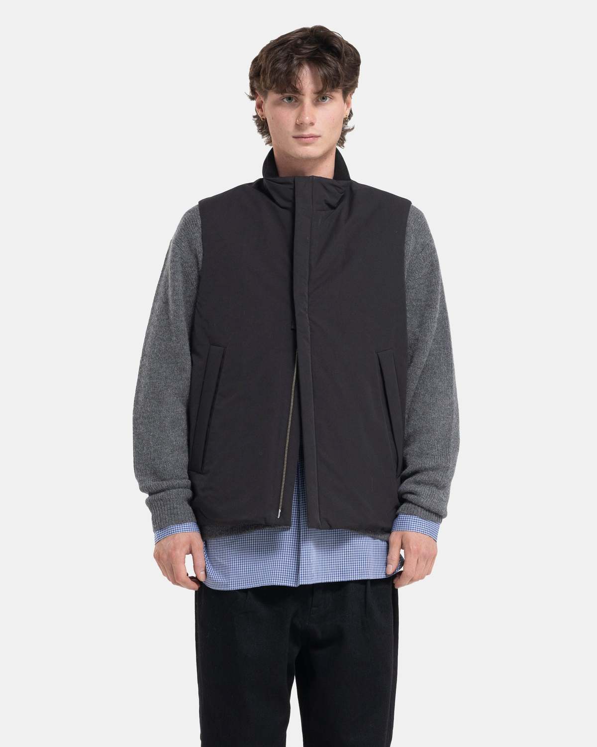 Still By Hand Stand Collar Padded Vest - Ink Black | Garmentory