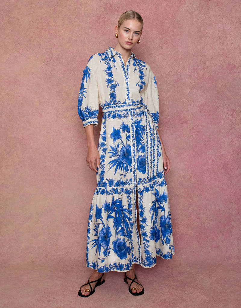 borgo de nor blue dress Chambray & Buffalo Plaid Reindeer Ruffle Dress – Marie Nicole Clothing main image 0