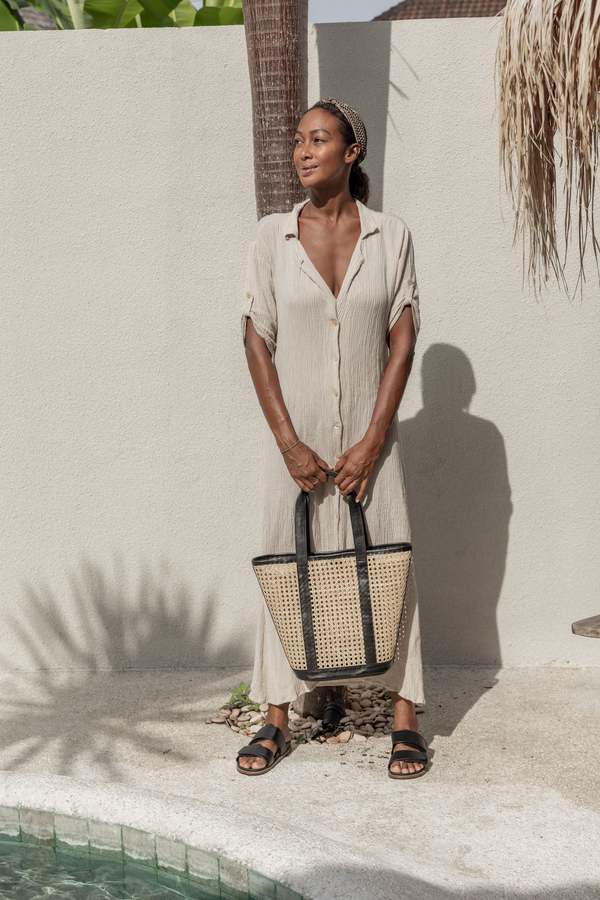 Village Thrive Raja Leather and Cane Carryall Bag