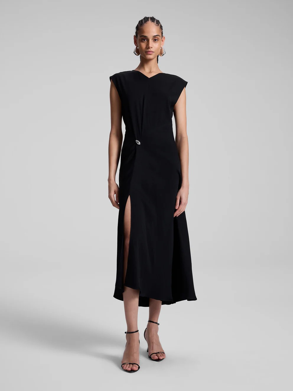 A.L.C. Mary Hammered Crepe Midi Dress - Black | Garmentory