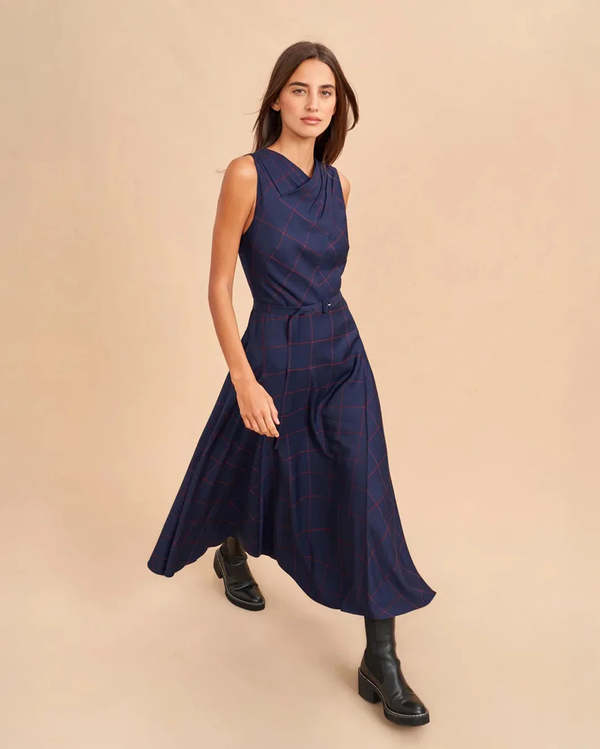 La Ligne Ana Dress - Navy/Burgundy Check | Garmentory