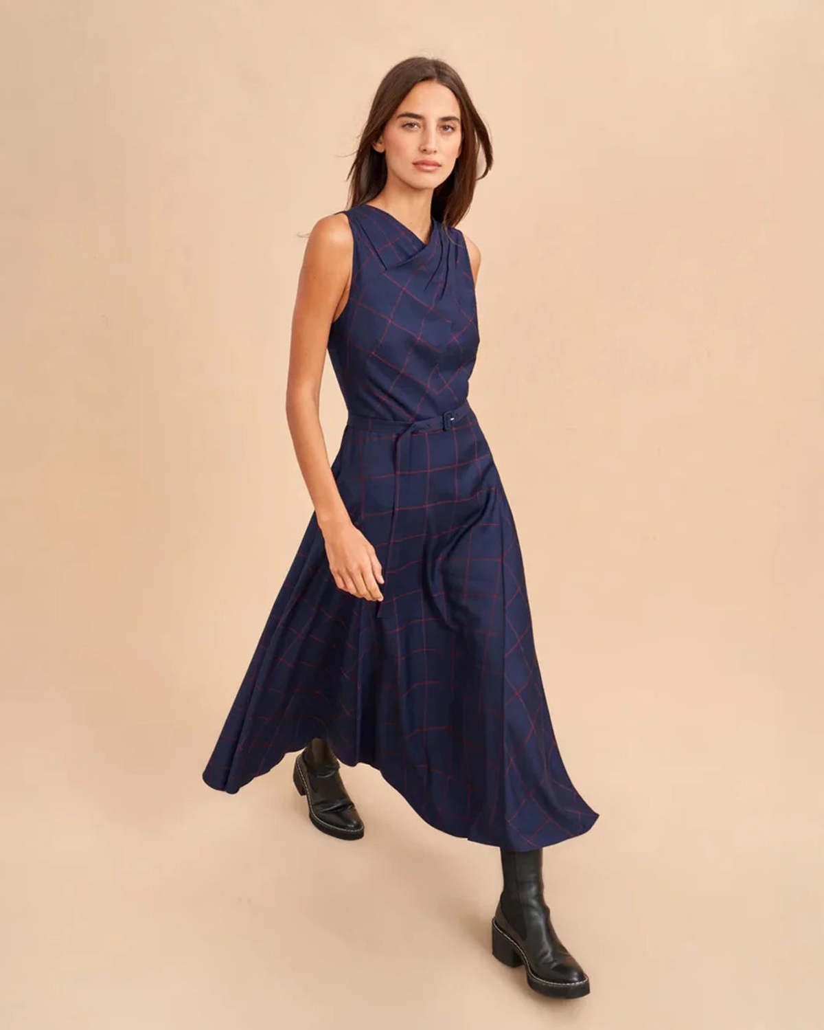 navy burgundy dress Navy blue and burgundy 1920s drop waist linen dress with a boat neck main image 1