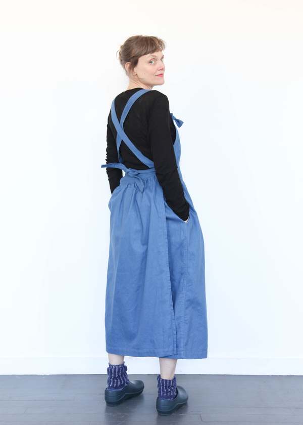 ICHI ANTIQUITES Cotton/Linen Vintage Twill Apron Dress - Blue