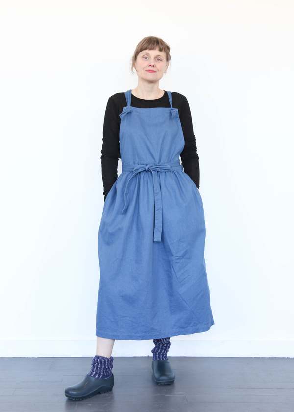 ICHI ANTIQUITES Cotton/Linen Vintage Twill Apron Dress - Blue