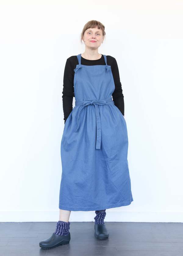 ICHI ANTIQUITES Cotton/Linen Vintage Twill Apron Dress - Blue