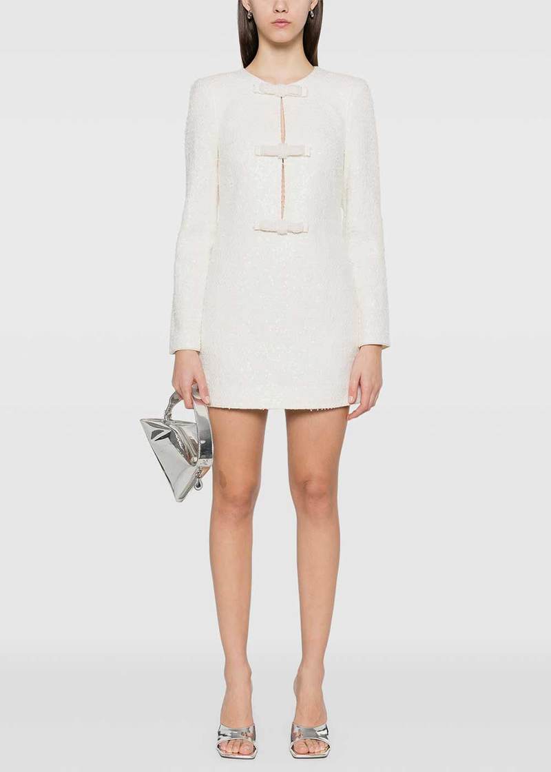 Self-Portrait Boucle Diamante Bow Mini Dress - Cream