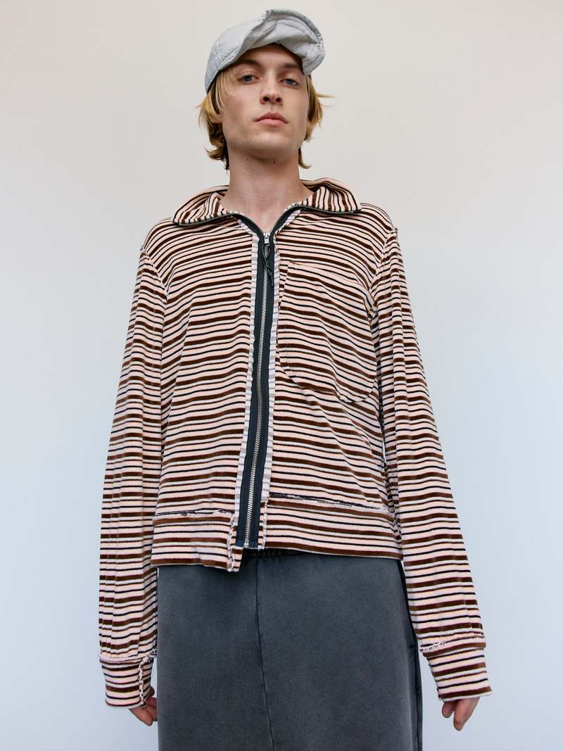 トップス camiel fortgens stripe polo velvet Camiel Fortgens Brown Velvet Stripe Long Sleeve Polo Camiel