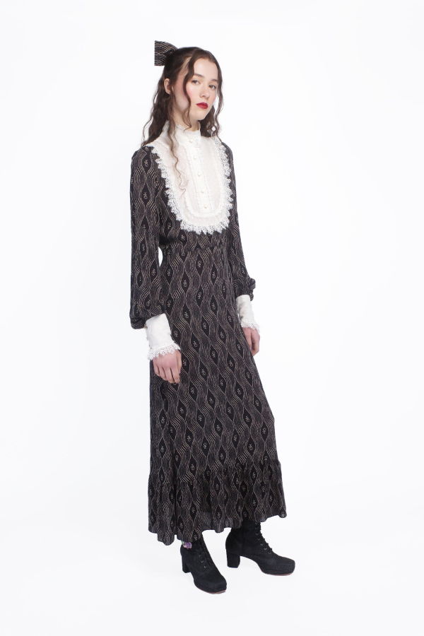 Anna Sui Berry Crepe Victorian Bib Dress - Black Multi