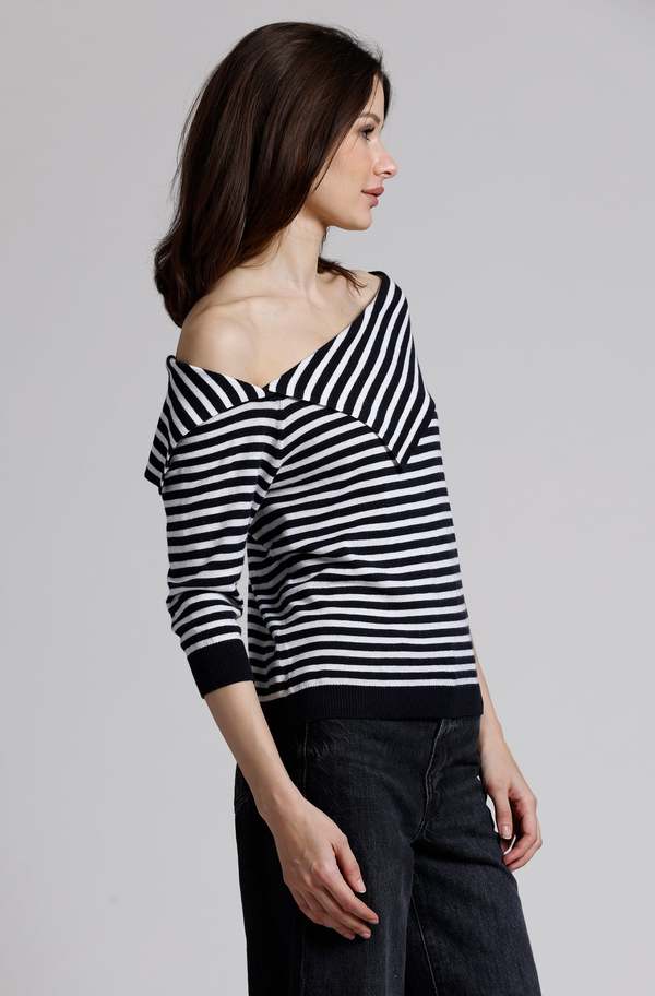 Minnie Rose Supima Cotton Cashmere Stripe Off-The-Shoulder Top