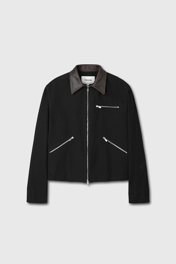 TONYWACK Leather Collar Garment-Washed Zip Work Jacket