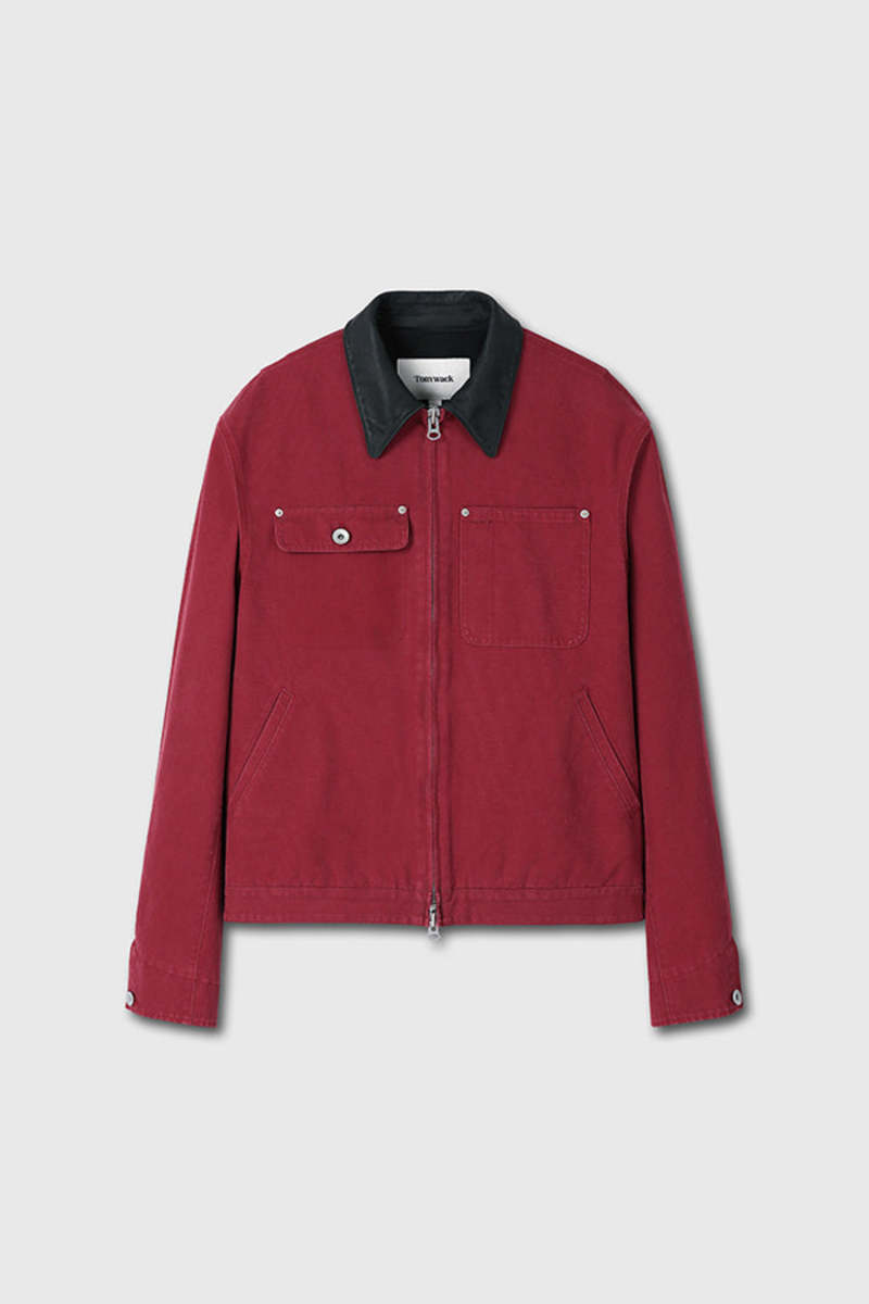 TONYWACK Leather Collar Garment-Washed Zip Work Jacket