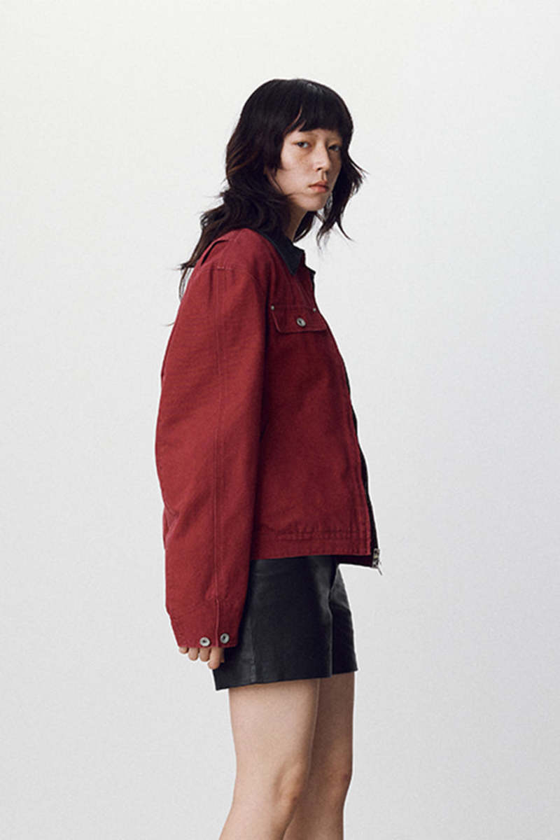 TONYWACK Leather Collar Garment-Washed Zip Work Jacket