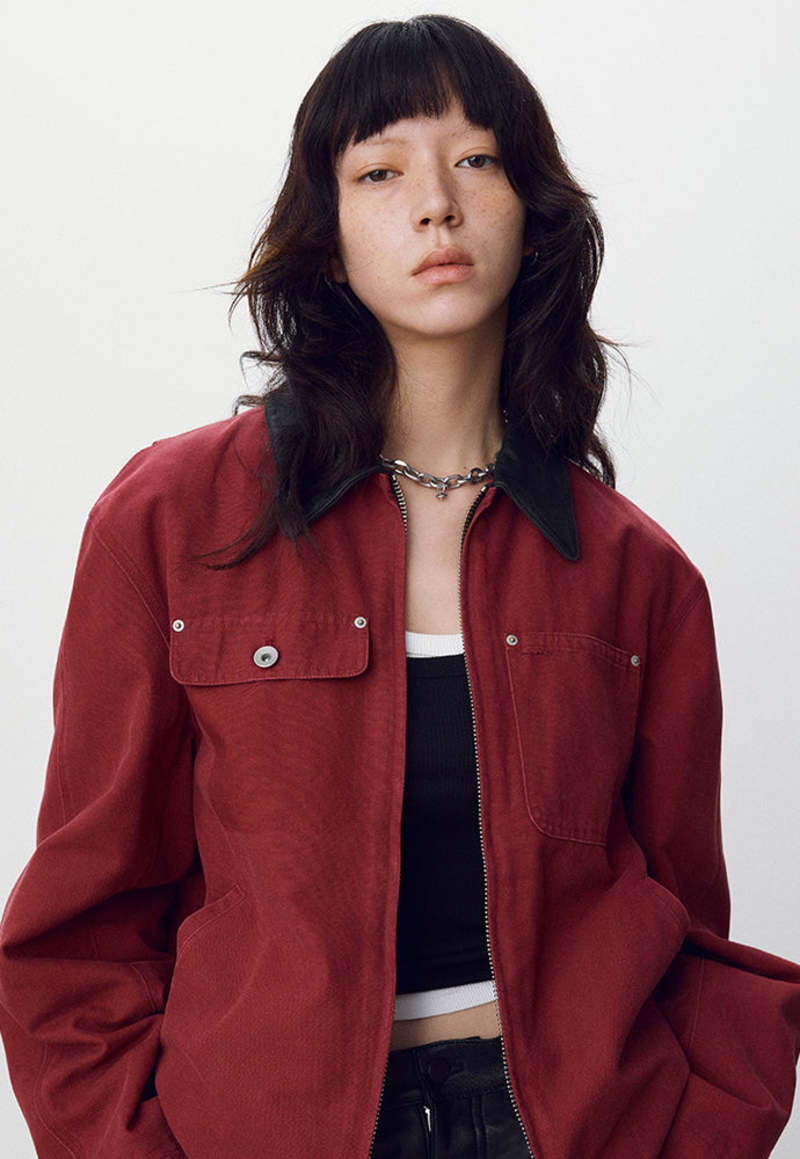 TONYWACK Leather Collar Garment-Washed Zip Work Jacket