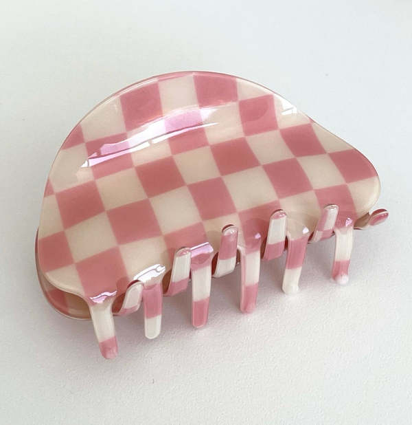 Ri-Ri-Ku Rounded Check Claw Hair Clip - Pink/White