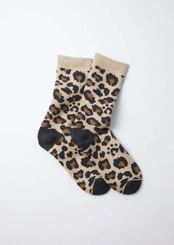 Rototo Pile Leopard Crew Sock - Beige