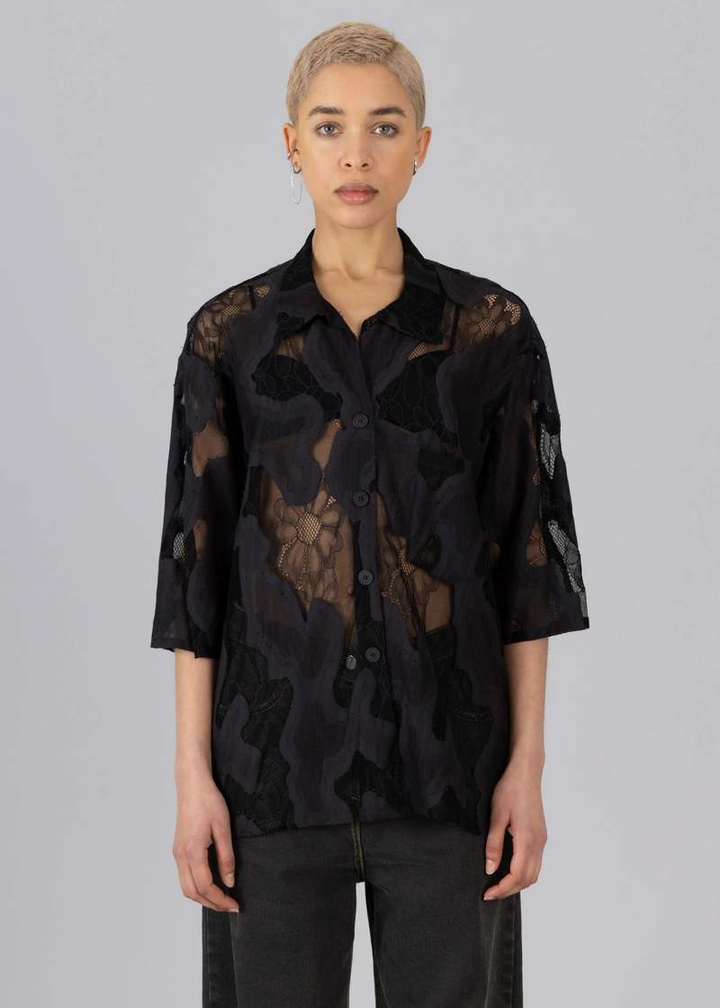 esthe Oversized Sheer Lace Shirt - Black
