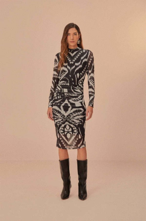 Farm Rio Pineapple Ikat Mesh Midi Dress - Black | Garmentory