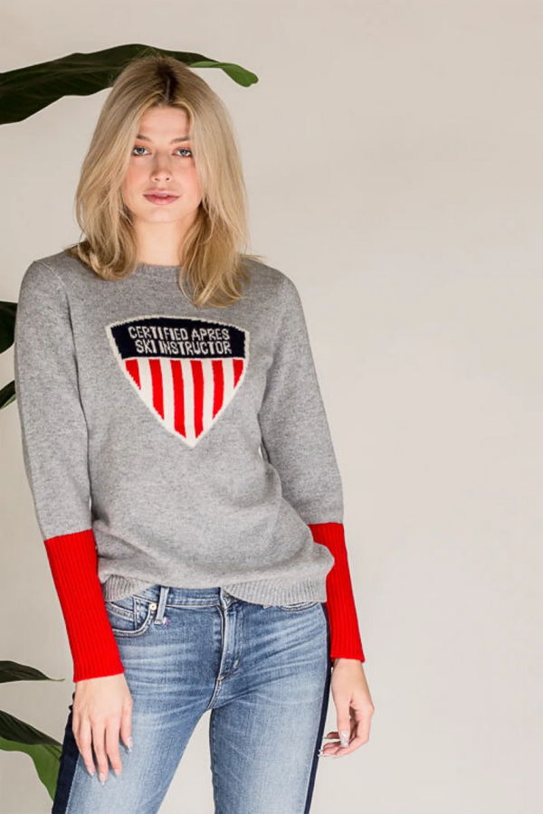 Never a Wallflower Cashmere Apres Ski Instructor Crewneck - Grey/Red