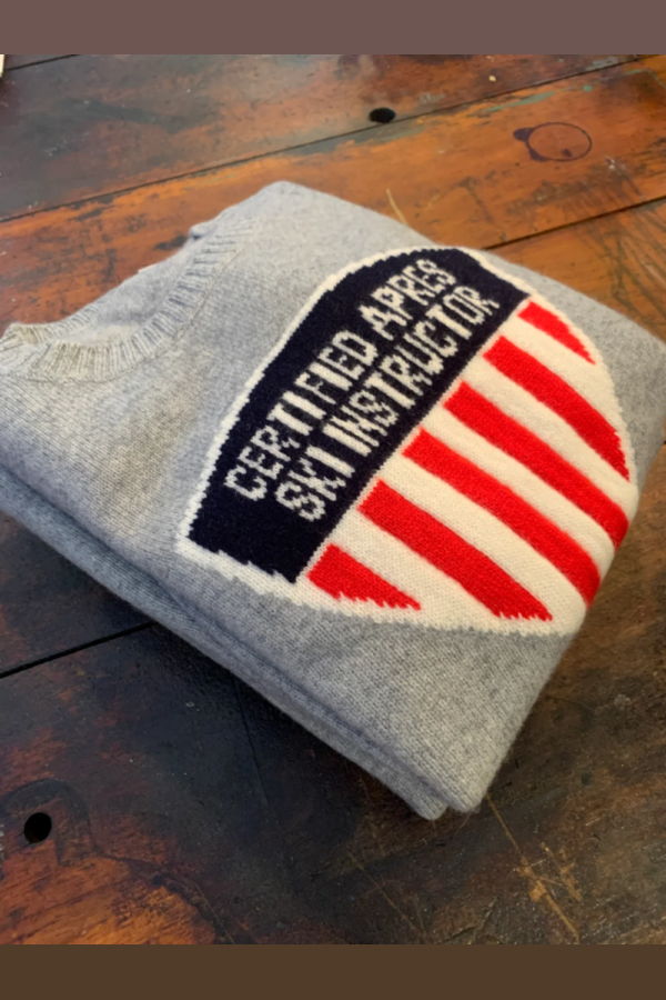 Never a Wallflower Cashmere Apres Ski Instructor Crewneck - Grey/Red