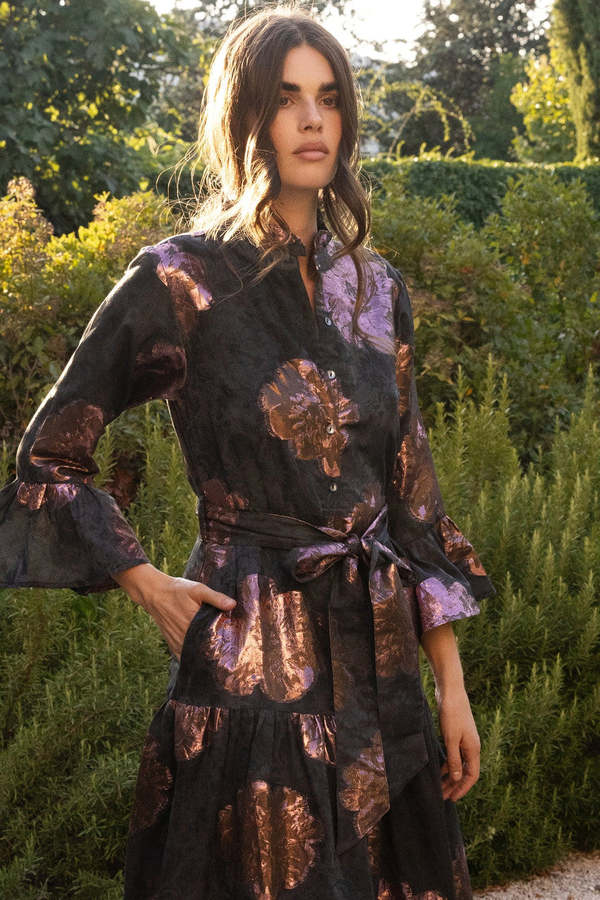 Oliphant Ruffle Collar Bell Sleeve Rosa Maxi Dress - Black | Garmentory
