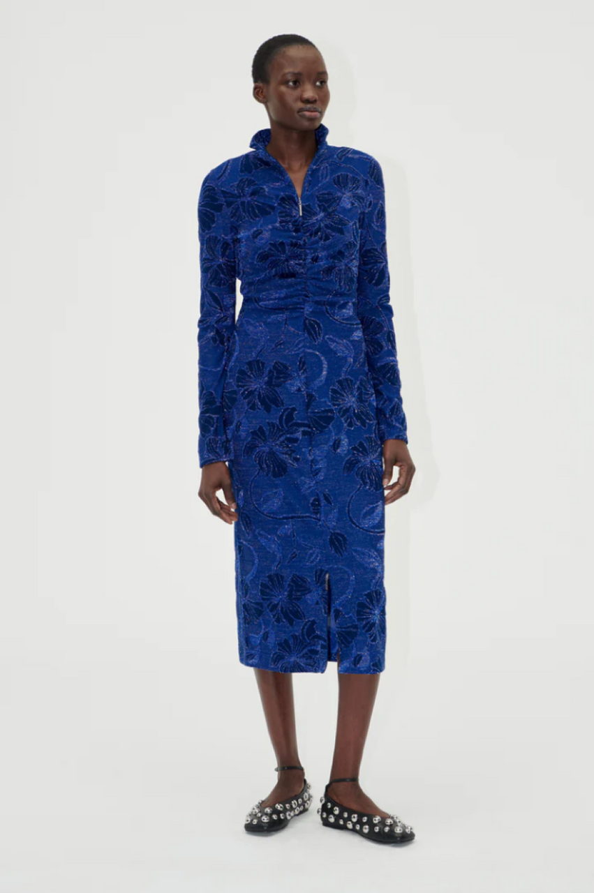Stine Goya Gathered Long Sleeve Midi Dress - Blue | Garmentory
