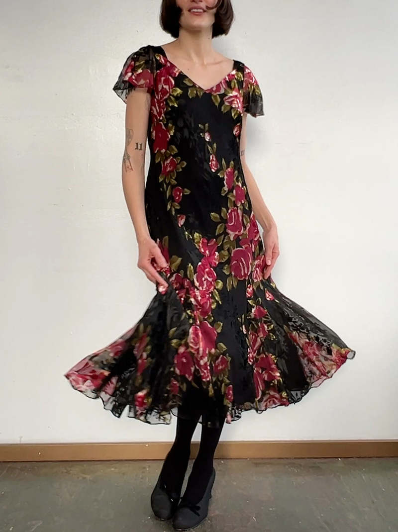 Talbots Burnout Silk Velvet Midi Dress Rose Print on Garmentory