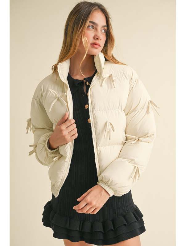 Mable Bianca Puffer Jacket With Ribbon Bow - Ecru