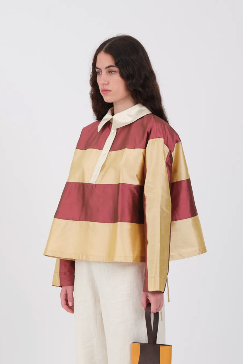 【cawley】AW23 silk rugby shirt CAWLEY Silk Dupion Rugby Shirt Rhubarb/Custard/Ivory