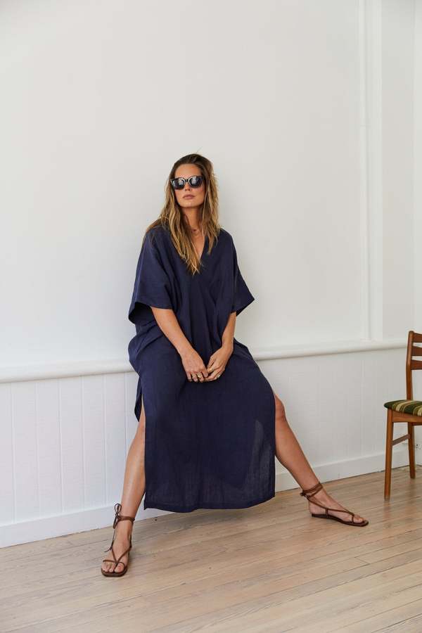 Atlanta Linen Dress Sleeper Atlanta Dress Navy MAMNE Linen Throw On Dress  Navy Garmentory