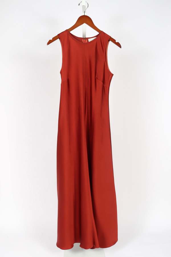 forte forte red dress spaghetti strap dress in stretch silk satin pomegranate