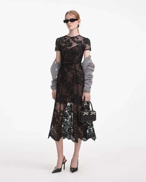 Self-Portrait Lace Bustier Midi Dress - Black | Garmentory