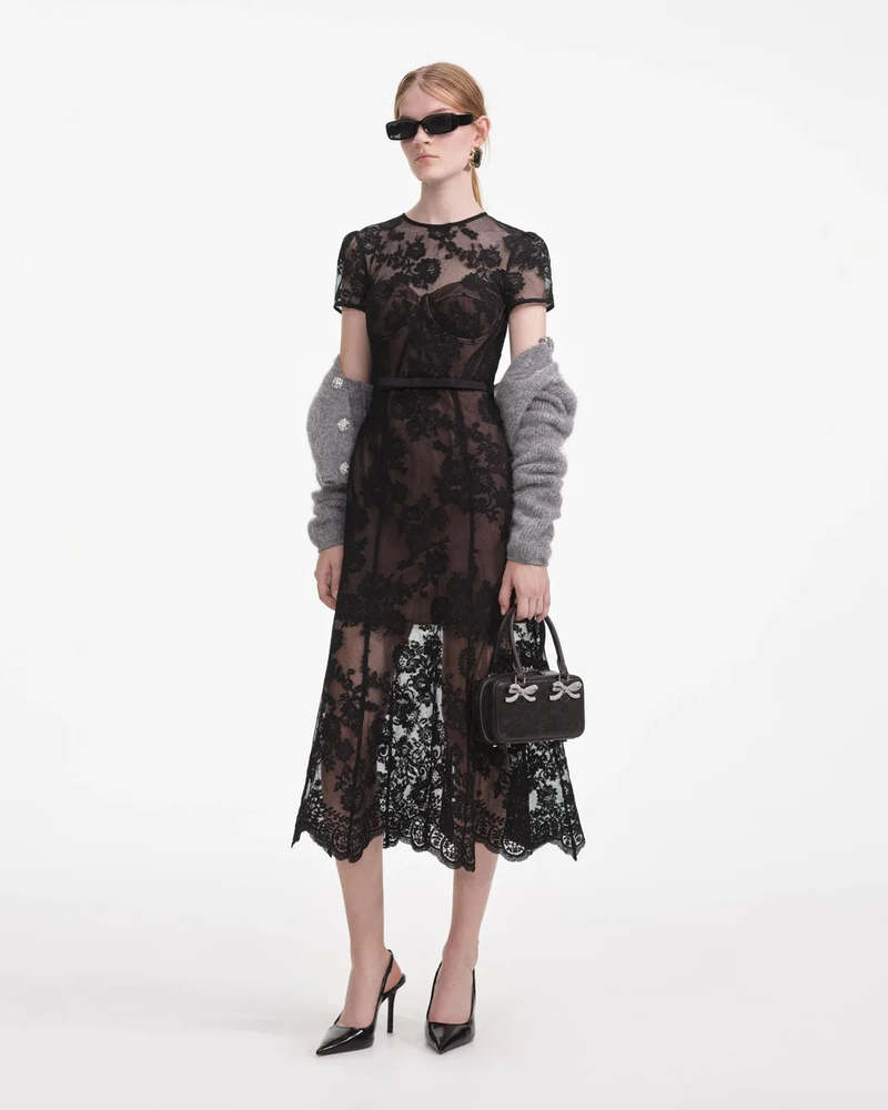 Self-Portrait Lace Bustier Midi Dress - Black | Garmentory