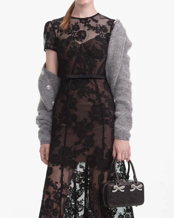 dalia macphee tie neck printed midi dress Short Sleeve Tie Neck Floral Mini Dress With Lace Trim